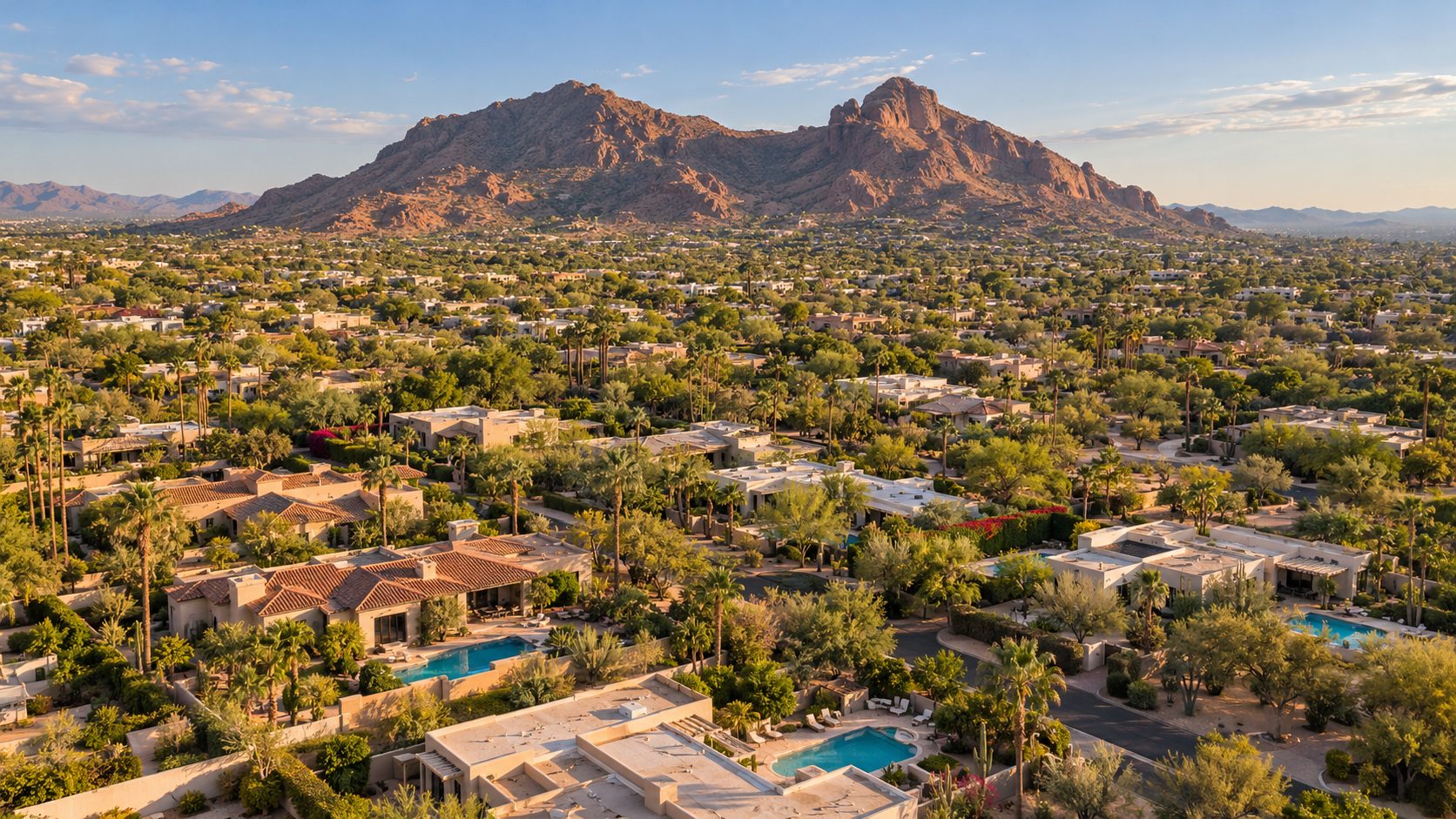 Aerial view of Scottsdale neighborhoods with backyard pools and Camelback Mountain