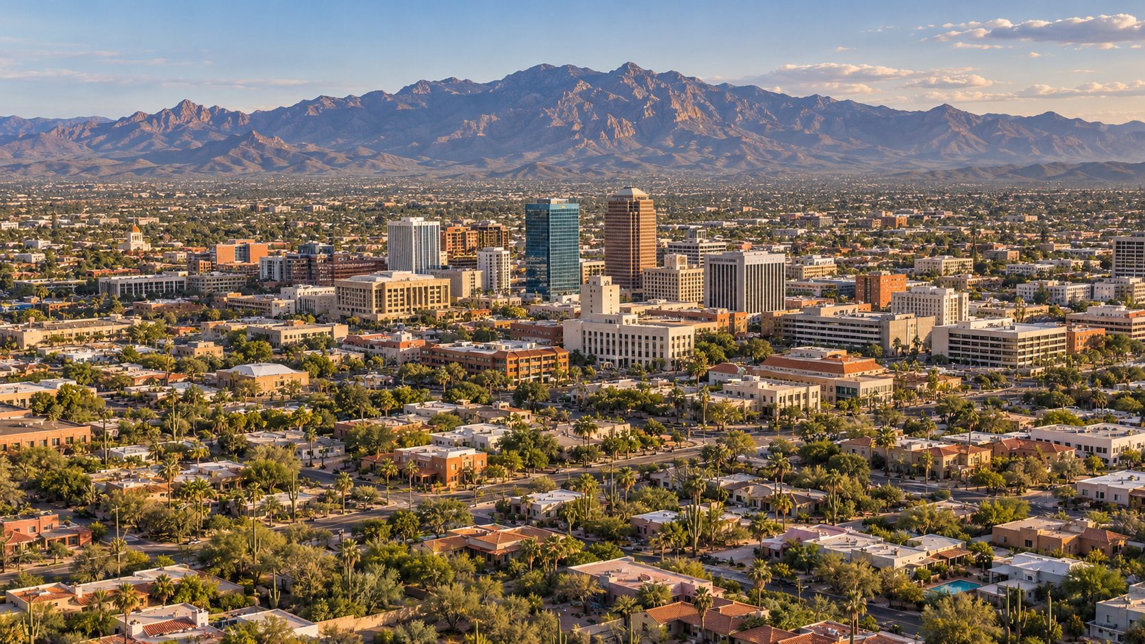 Aerial view of Tucson with the Santa Catalina Mountains behind the city